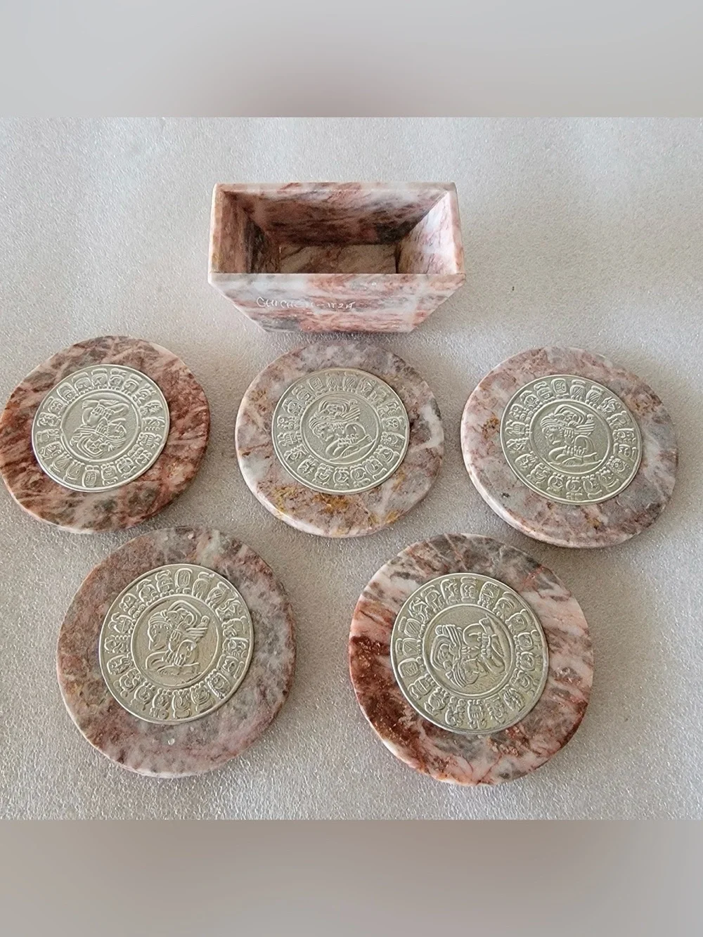 Chichen Itza Pink Marble Coasters W/ Silver Vintage Spanish Set of Five 5